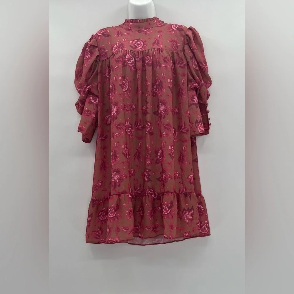 Boohoo Printed Puff Sleeve Ruffle Neck Smock Dress | Size 14 (XL) NWT
